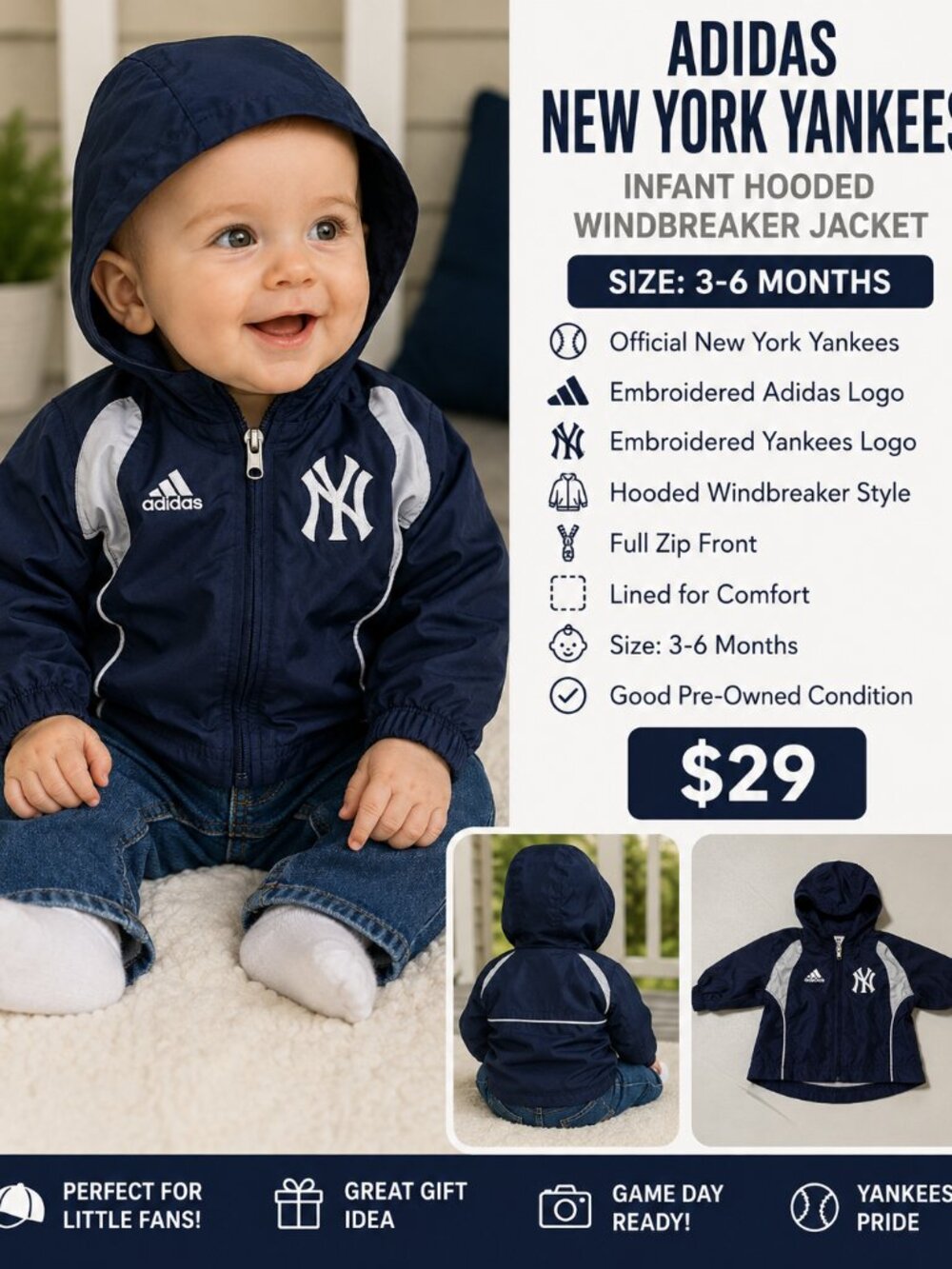 ⚾ Adidas New York Yankees Infant Hooded Windbreaker Jacket – 3-6 Months